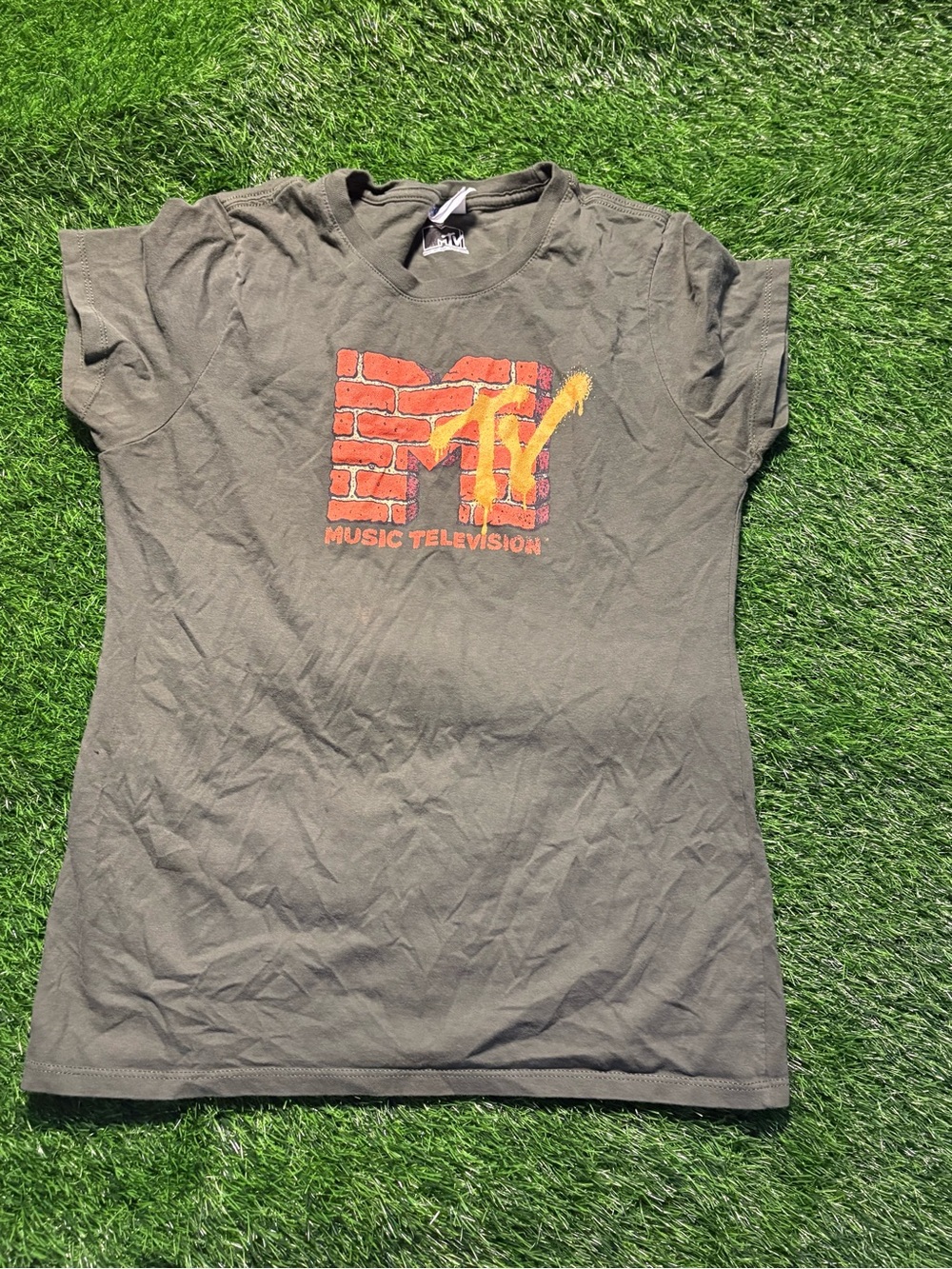 MTV Olive Tee with Red Brick and Yellow Logo